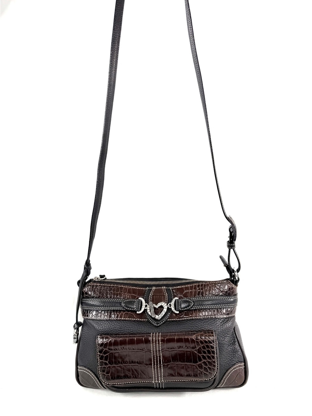 Brighton Black Leather Small Crossbody Bag Organizer Brown Trim Heart Charm 5544